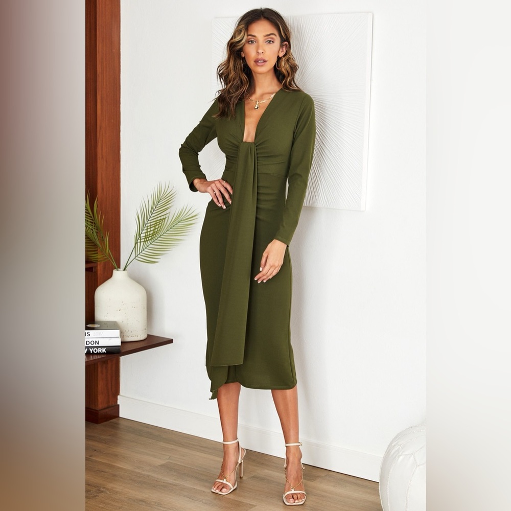 (50820-OLI) WOMEN RUCHED VNECK SASH MOSS CREPE MIDI DRESS